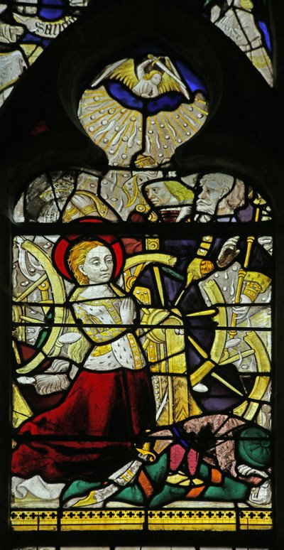 Ablak, amely Szent Katalint imádkozva és angyalokat ábrázol, akik kődobálással törik meg a kereket, 1460-70 alkotó: French School