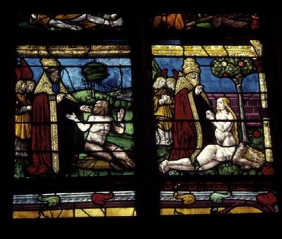 Ádám és Éva teremtését ábrázoló ablak alkotó: French School