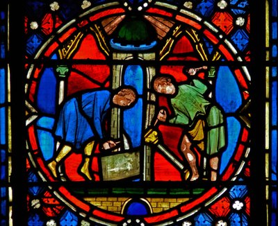 Az n2-C ablak, amely az Issoire-i templomot építő St Austremoine-t ábrázolja alkotó: French School