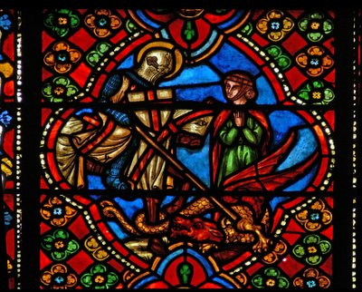 Ablak n3, amely Szent György életének jeleneteit ábrázolja; megöli a sárkányt alkotó: French School