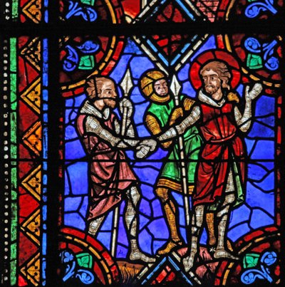 W06-os ablak, amely Brioude-i Szent Julián történetet ábrázolja – Szent Ferreolt, Julien barátját, aki meghalt a Diocletianus-üldözések idején, letartóztatják alkotó: French School
