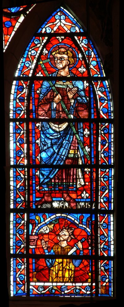 W100-as ablak, amely St Gervaist ábrázolja – alatta egy király megöli magát alkotó: French School