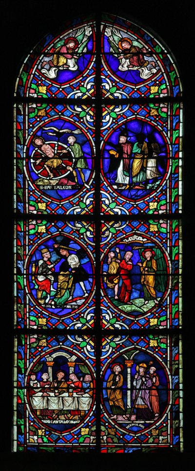 Ablak w.102, amely jeleneteket ábrázol Szent Pantaléon életéből alkotó: French School