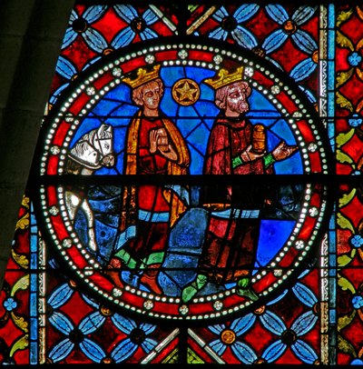 A mágusok imádatát ábrázoló w102 ablak alkotó: French School