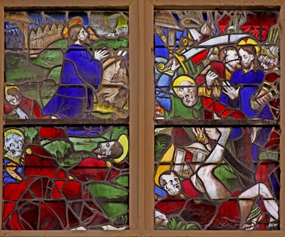 Ablak w107, amely az agóniát ábrázolja a Gecsemáné kertben; Júdás árulása; Szent Péter támad alkotó: French School
