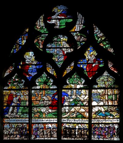 Ablak w120, amely a Teremtést és a Confrérie de Charité tagjait ábrázolja alkotó: French School