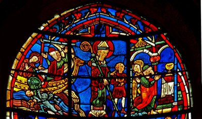 A w19-es ablak, amely Szent Miklóst ábrázol, megment egy gyermeket alkotó: French School