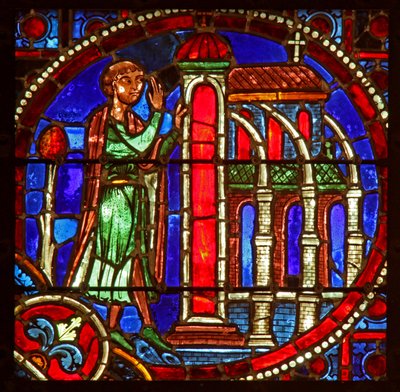 Ablak w1, amely egy jelenetet ábrázol a Theophilus-történetből: bemegy egy templomba, hogy megtérjen alkotó: French School