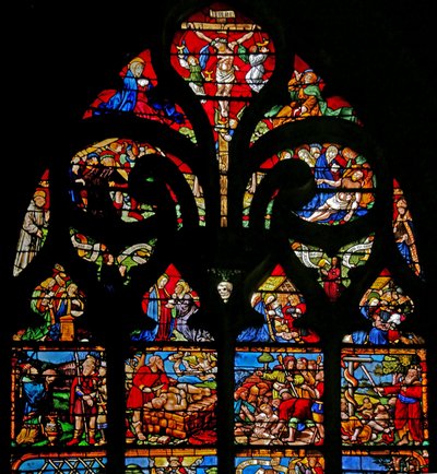 W1 ablak, amely a keresztre feszítést ábrázolja Máriával és Jánossal, a Via Crucist, a lerakódást alkotó: French School
