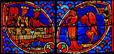 Ablak w20, amely Keresztelő Szent János életéből vett jelenetet ábrázol: Salome táncol Heródesnek alkotó: French School