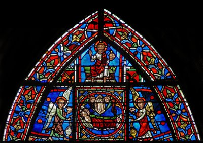 A w23 ablak, amely azt ábrázolja, hogy St Julian Hospitalier és felesége meghalnak, és a mennybe jutnak alkotó: French School