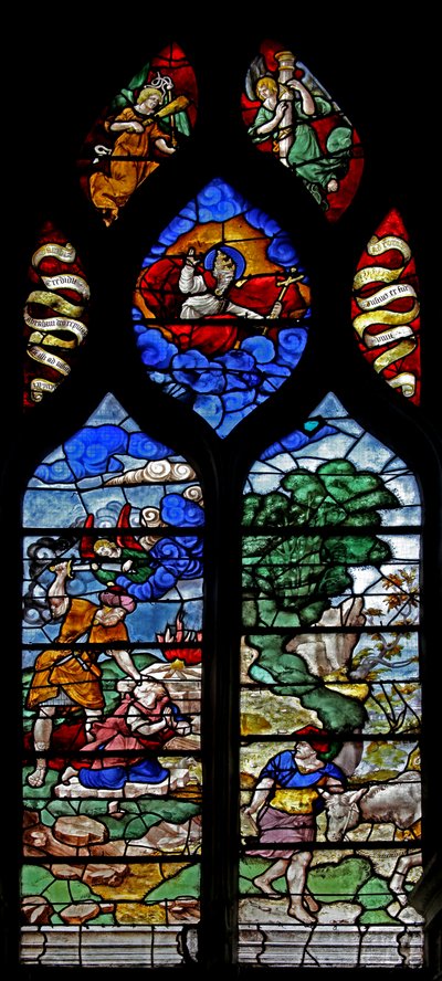 Abrahámot és Izsákot ábrázoló w2 ablak: az angyal közbelép az áldozatnál alkotó: French School