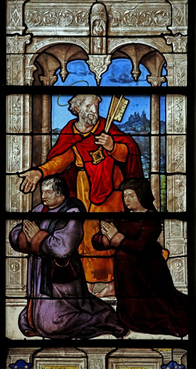 A w32-es ablak Szent Pétert és két adományozót ábrázol alkotó: French School