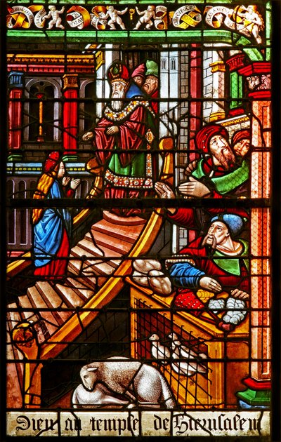 A w38-as ablak Szűz Mária élete jelenetét ábrázolja: bemutatója a templomban alkotó: French School