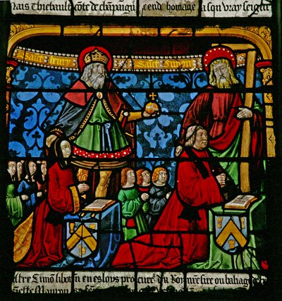 W3-as ablak, amely adományozókat ábrázol – Henriette de Mauroy és Simon Liboron gyermekeikkel, valamint védőszentjei, cirénei Szent Henrik és Simon alkotó: French School