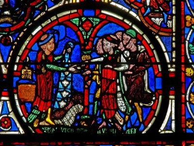 W6-os ablak, amely adományozókat – szűcsöket ábrázol alkotó: French School