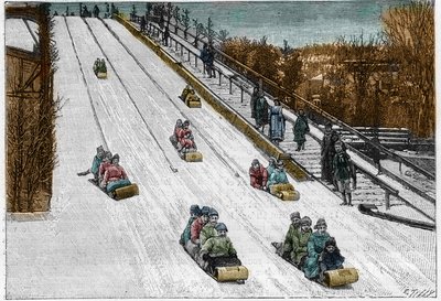 Téli játék és sport: a Tobogan csúszda, hullámvasút a Montreal Parkban, Kanadában. Metszet a „” természetbe. Tudományos folyóirat és alkalmazásai a művészetben és az iparban. alkotó: French School