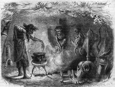 Boszorkánygyakorlat: boszorkány boszorkány körül egy bográcsban, varázsitalokat és szereket készít. Metszet a „Histoire des Papes-Rois-Queen and Empereurs a travers les centuries” című könyvébe, Maurice Lachatre alkotó: French School