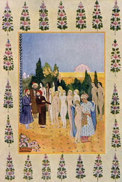 A köpenymmel megvédem a meztelenségét, illusztráció az Arab éjszakákból, 1895 (színes metszet) alkotó: French School