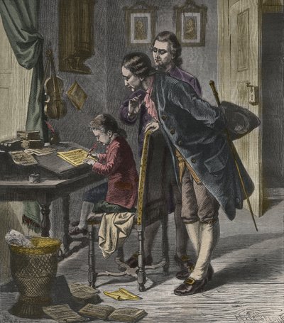 Wolfgang Amadeus Mozart versenyművet ír édesapja, Leopold jelenlétében, illusztráció a „La Musique Populaire”-ből alkotó: French School