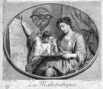 Nő és gyermek iránytűvel és figurákkal (matematika allegóriája) - metszet alkotó: French School
