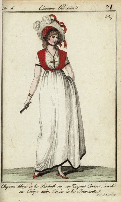 Nő Lisbeth kalapban 1798-as divat szerint (kézzel színezett rézmetszet) alkotó: French School