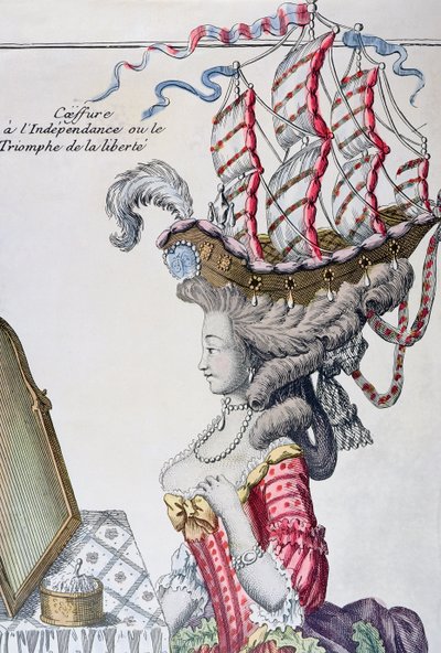 Nő nappali ruhában, frizurával a la Belle Poule, az amerikai függetlenség időszaka, 1779-80 alkotó: French School