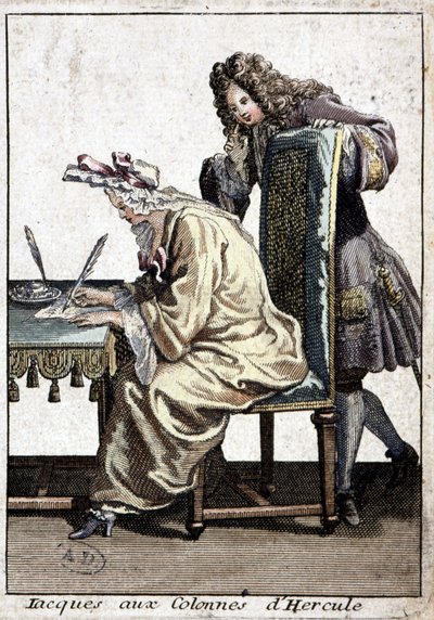 Nő ingben és hálósapkában levelet ír a férfival, n.d. 1715. v. alkotó: French School