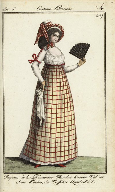 Nő az 1798-as Primerose kalap divatjában (kézzel színezett rézmetszet) alkotó: French School