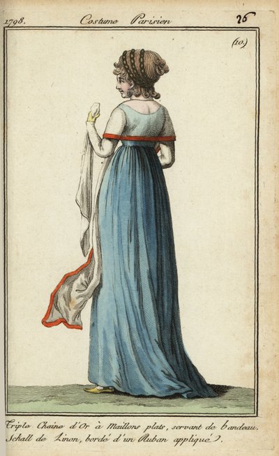 Nő áttetsző kendővel az 1798-as divat szerint (kézszínű rézmetszet) alkotó: French School