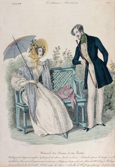 Nő esernyős és férfi köpenyben a kertben, divatlap a Journal des Dames et des Modes-ból, 1836. június 5. alkotó: French School