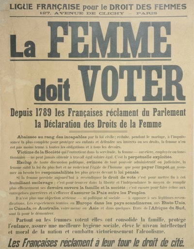 A Women Must Vote, 1914-es plakát, amely a nőket a szavazati jogokért való küzdelemre buzdítja alkotó: French School