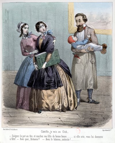 A nők elhagyják férjüket, hogy gyermekeikről gondoskodjanak, amíg elmennek a klubjukba, 1848 alkotó: French School
