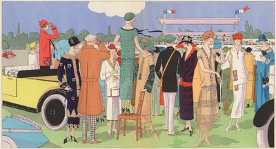 Női divat a versenyeken Jeanne Lanvin, Jean Patou, Premet, Georges Doeuillet tervezőktől (színes litográfia) alkotó: French School