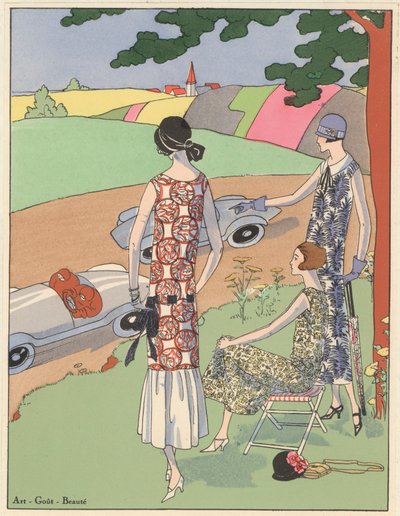 Női divattervezés az 1920-as évekből: sportkocsi-versenyzés (színes lithó) alkotó: French School