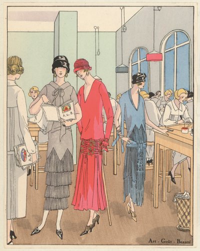 Az 1920-as évek női divatja Jean Patou és Georges Doeuillet tervezőktől (színes litográfia) alkotó: French School