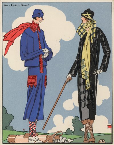 Martial és Armand, valamint Christoph Drecoll tervezőktől származó női golfruházat az 1920-as évekből. (színes litográfia) alkotó: French School