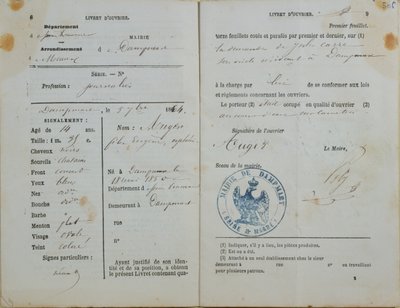 Munkások kézikönyve, amelyet Mairie of Dampmart adott ki Felix Augernek (sz. 1850), 1864 alkotó: French School