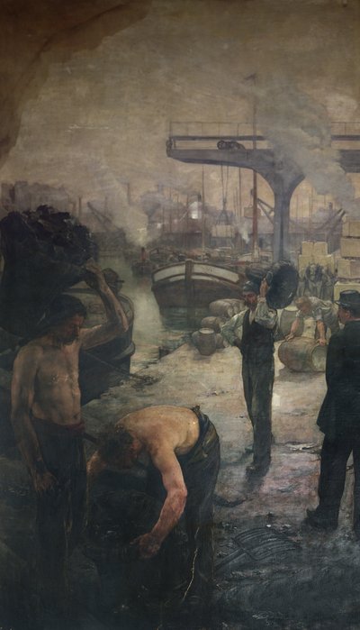 Munkások, akik szenet raknak ki egy bárkáról, huszadik század eleje alkotó: French School