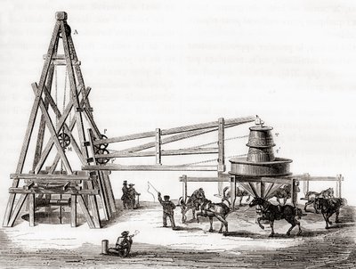 Munkások a körhinta és csörlő segítségével a 19. századi franciaországi Grenelle-i artézi kutak fúrására a „Les Merveilles de la Science”-ből, 1870 körül (metszet) alkotó: French School