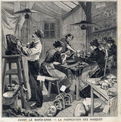 A Mardi Gras fesztivál (Mardi-Gras) álruháihoz való maszkok gyártási műhelye. A „Le Petit Parisien” című kötetben 1897.02.14 alkotó: French School