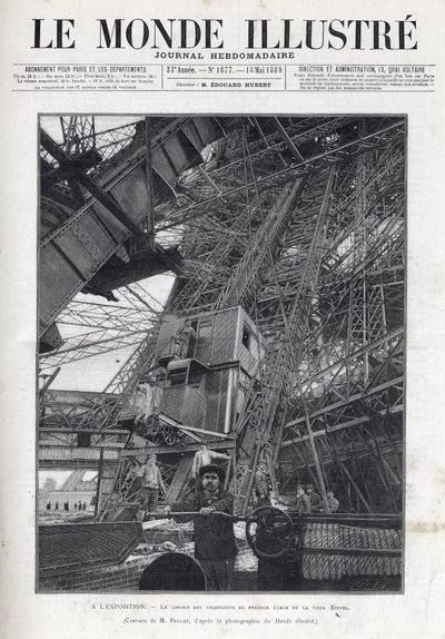 1889-es párizsi világkiállítás - Az Eiffel-torony első emeleti felvonóútja - 1889-es Párizsi Egyetemes Kiállítás - Az Eiffel-torony első emeletének liftjeinek útja - Le Monde Illustré 1889 alkotó: French School