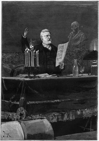 Victor Hugo (1802-1885) író a párizsi Theatre de la Gaite-ban, 1878. május 30-án a híres Voltaire halálának századik évfordulója alkalmából beszél. Metszet a június 8-i „Le Monde Illustré” 1106. sz. 1878. alkotó: French School