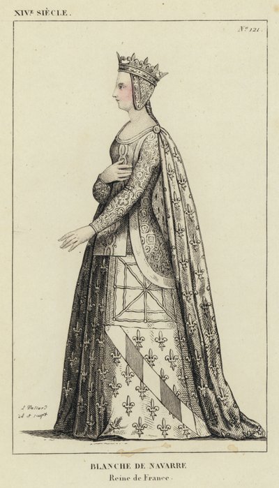 XIV. század, Navarrai Blanche, Franciaország királynője (színes metszet) alkotó: French School