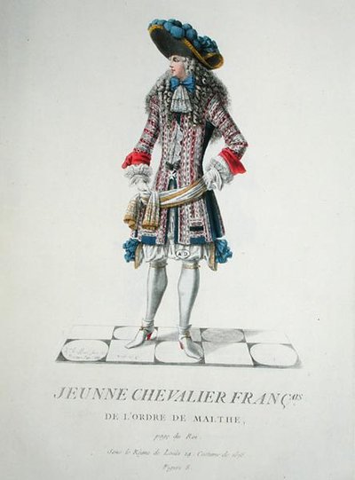 A Máltai Lovagrend fiatal lovagja 1678-ban, illusztráció a "Receuil de Tous les Costumes des Ordres Religieux et Militaires" című kötetből. alkotó: French School