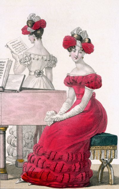 Fiatal nő krepp estélyi ruhában, kidolgozott fejdísszel, hirdetés Modes de Parisban, 1825 körül alkotó: French School