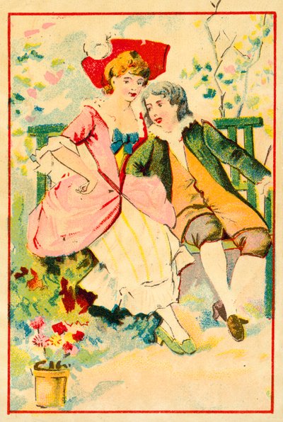 Fiatal pár egy padon a kertben (chromolitho) alkotó: French School