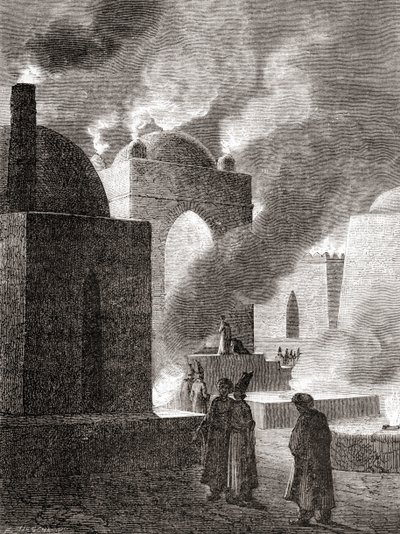 Zoroasztriánus tűzimádók egy tűztemplomban Bakuban, Azerbajdzsánban, a „Les Merveilles de la Science”-ből, 1870 körül (metszet) alkotó: French School