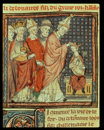 f.142r I. Lajos jámbor (778-840) római császárrá koronázása IV. István pápa (816-817 pápa) által Reimsben 816-ban, a Grandes Chroniques de France-ból, 1375-840 alkotó: French School