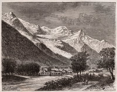 a chamonix-völgy és a mont Blanc – V.A. Malt-Brown „La France illustrée: földrajz, történelem, statisztikai igazgatás” című metszete. 1884 alkotó: French School
